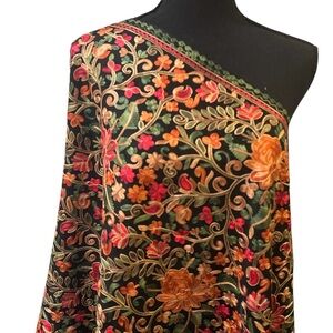 Floral Embroidered Black Scarf